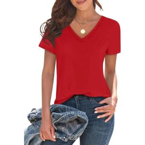 image:imageImily Bela Womens V Neck Tshirts Shirts Solid Color Short Sleeve Tops for Women Casual 2026 Summer Basic Tees Loose FitRed