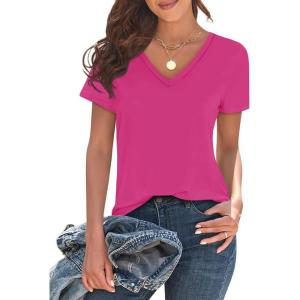 image:imageImily Bela Womens V Neck Tshirts Shirts Solid Color Short Sleeve Tops for Women Casual 2026 Summer Basic Tees Loose FitRose Red