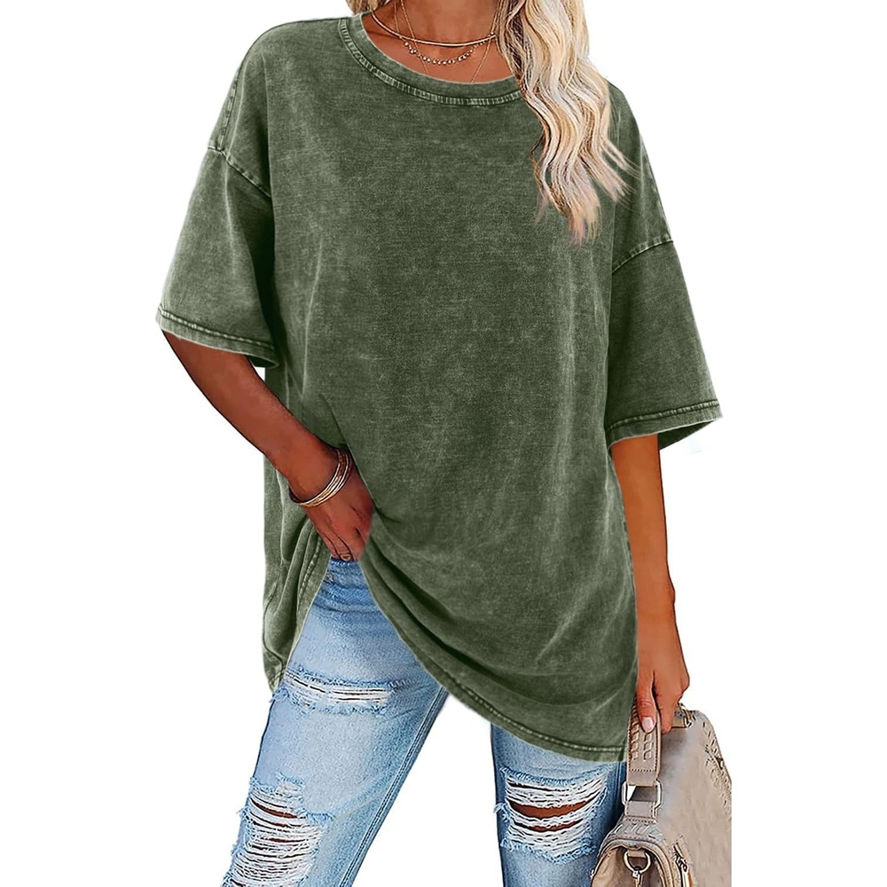 image:imageImily Bela Oversized TShirts for Women Vintage Washed Cotton Short Sleeve Tees Crewneck Loose Casual Basic Tunic TopsArmy Green