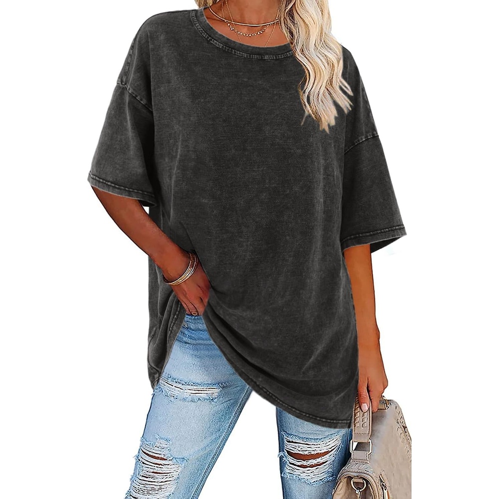 image:imageImily Bela Oversized TShirts for Women Vintage Washed Cotton Short Sleeve Tees Crewneck Loose Casual Basic Tunic TopsDark Grey