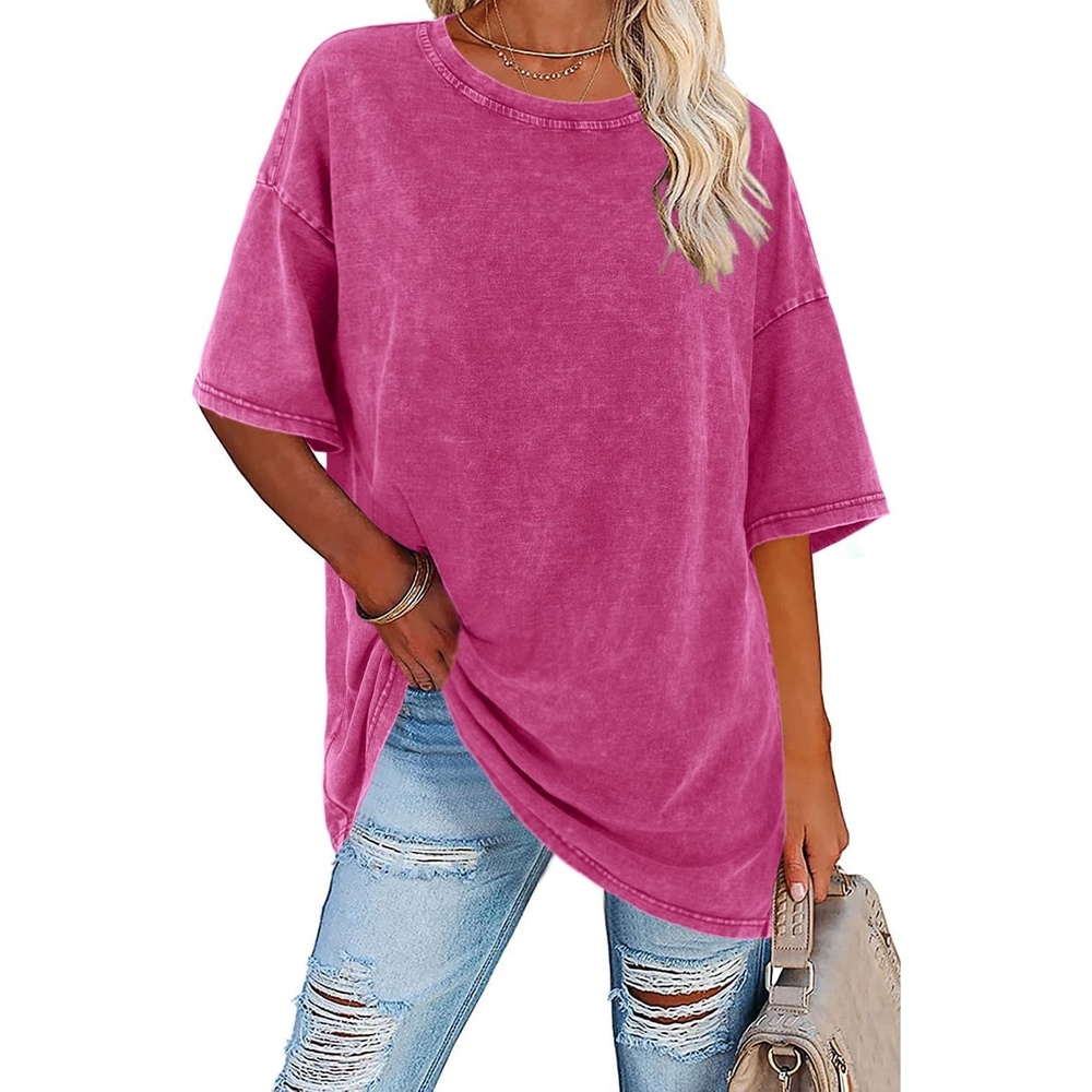 image:imageImily Bela Oversized TShirts for Women Vintage Washed Cotton Short Sleeve Tees Crewneck Loose Casual Basic Tunic TopsHot Pink