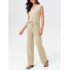 image:imageImily Bela Womens 2 Piece Outfits Sleeveless Ribbed Knit Tops Wide Leg Pants Summer Vacation Sweater Matching Lounge SetsBeige