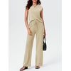 image:imageImily Bela Womens 2 Piece Outfits Sleeveless Ribbed Knit Tops Wide Leg Pants Summer Vacation Sweater Matching Lounge SetsBeige