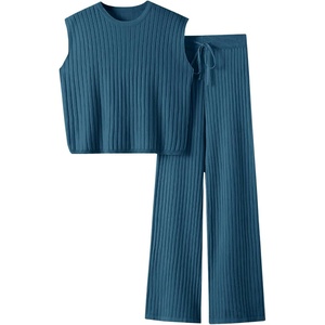 image:imageImily Bela Womens 2 Piece Outfits Sleeveless Ribbed Knit Tops Wide Leg Pants Summer Vacation Sweater Matching Lounge SetsBlue