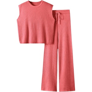 image:imageImily Bela Womens 2 Piece Outfits Sleeveless Ribbed Knit Tops Wide Leg Pants Summer Vacation Sweater Matching Lounge SetsWatermelon Red