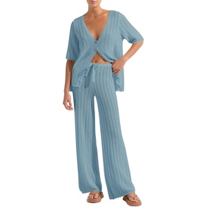 image:imageImily Bela Womens Summer 2 Piece Swimsuit Cover up Crochet Knit Cardigan Tops Long Pants Set Bathing Suit Beach OutfitBlue