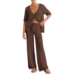 image:imageImily Bela Womens Summer 2 Piece Swimsuit Cover up Crochet Knit Cardigan Tops Long Pants Set Bathing Suit Beach OutfitBrown