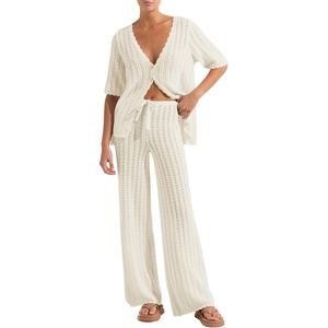 image:imageImily Bela Womens Summer 2 Piece Swimsuit Cover up Crochet Knit Cardigan Tops Long Pants Set Bathing Suit Beach OutfitWhite
