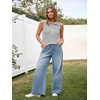 image:imageImily Bela Womens Summer Sleeveless Tank Tops Zipper V Neck Ribbed Dressy Casual Blouses Loose Business Polo ShirtsWhite Stripe
