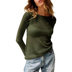 image:imageImily Bela Womens See Through Shirt Crewneck Long Sleeve Y2K Knitted Casual Blouse TopsArmy Green