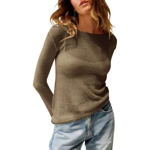 image:imageImily Bela Womens See Through Shirt Crewneck Long Sleeve Y2K Knitted Casual Blouse TopsCoffee