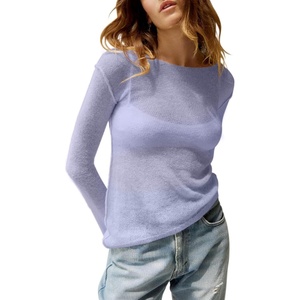 image:imageImily Bela Womens See Through Shirt Crewneck Long Sleeve Y2K Knitted Casual Blouse TopsPurple