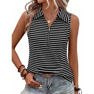 image:imageImily Bela Womens Summer Sleeveless Tank Tops Zipper V Neck Ribbed Dressy Casual Blouses Loose Business Polo ShirtsBlack Stripe