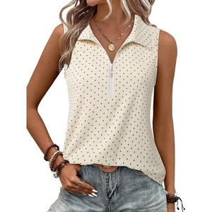 image:imageImily Bela Womens Summer Sleeveless Tank Tops Zipper V Neck Ribbed Dressy Casual Blouses Loose Business Polo ShirtsWave Point Color