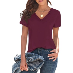 image:imageImily Bela Womens V Neck Short Sleeve TShirt Casual Basic Soft Tee Shirts Summer Everyday Tops 2026Burgundy