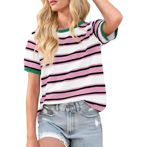 image:imageImily Bela Womens Summer Tops 2026 Striped Color Block Short Puff Sleeve T Shirt Casual Crewneck Loose Basic Tee Light Pink