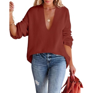 image:imageImily Bela Womens Oversized Deep V Neck Sweaters Sexy Long Sleeve Tunic Sweater Knitted Dressy Pullover JumperBrick Red