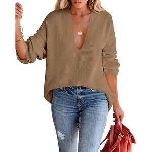 image:imageImily Bela Womens Oversized Deep V Neck Sweaters Sexy Long Sleeve Tunic Sweater Knitted Dressy Pullover JumperKhaki