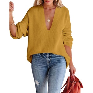 image:imageImily Bela Womens Oversized Deep V Neck Sweaters Sexy Long Sleeve Tunic Sweater Knitted Dressy Pullover JumperYellow