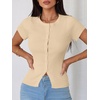 image:imageImily Bela Womens Short Sleeve Y2K Summer Tops Button Down Tshirt Ribbed Knit Slim Fit Sweater Cropped CardiganBeige