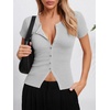 image:imageImily Bela Womens Short Sleeve Y2K Summer Tops Button Down Tshirt Ribbed Knit Slim Fit Sweater Cropped CardiganGrey