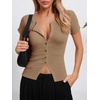 image:imageImily Bela Womens Short Sleeve Y2K Summer Tops Button Down Tshirt Ribbed Knit Slim Fit Sweater Cropped CardiganKhaki
