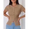 image:imageImily Bela Womens Short Sleeve Y2K Summer Tops Button Down Tshirt Ribbed Knit Slim Fit Sweater Cropped CardiganKhaki