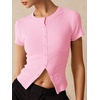 image:imageImily Bela Womens Short Sleeve Y2K Summer Tops Button Down Tshirt Ribbed Knit Slim Fit Sweater Cropped CardiganLight Pink