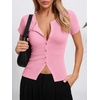 image:imageImily Bela Womens Short Sleeve Y2K Summer Tops Button Down Tshirt Ribbed Knit Slim Fit Sweater Cropped CardiganLight Pink