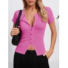 image:imageImily Bela Womens Short Sleeve Y2K Summer Tops Button Down Tshirt Ribbed Knit Slim Fit Sweater Cropped CardiganPink