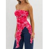 image:imageWomens Strapless Tube Tops Summer Asymmetrical Long Ruched Mesh Shirts Cute Y2k Ruffle Hem Going Out Bandeau TopZ Pink Red