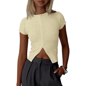 image:imageImily Bela Womens Short Sleeve Y2K Summer Tops Button Down Tshirt Ribbed Knit Slim Fit Sweater Cropped CardiganApricot