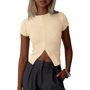 image:imageImily Bela Womens Short Sleeve Y2K Summer Tops Button Down Tshirt Ribbed Knit Slim Fit Sweater Cropped CardiganBeige
