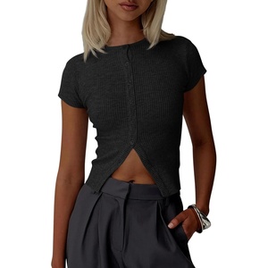 image:imageImily Bela Womens Short Sleeve Y2K Summer Tops Button Down Tshirt Ribbed Knit Slim Fit Sweater Cropped CardiganBlack