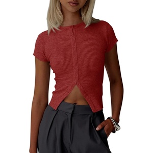 image:imageImily Bela Womens Short Sleeve Y2K Summer Tops Button Down Tshirt Ribbed Knit Slim Fit Sweater Cropped CardiganCaramel