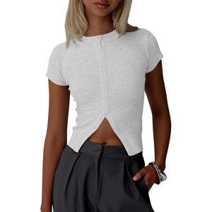 image:imageImily Bela Womens Short Sleeve Y2K Summer Tops Button Down Tshirt Ribbed Knit Slim Fit Sweater Cropped CardiganGrey