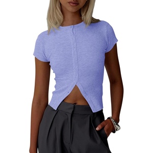 image:imageImily Bela Womens Short Sleeve Y2K Summer Tops Button Down Tshirt Ribbed Knit Slim Fit Sweater Cropped CardiganLight Purple