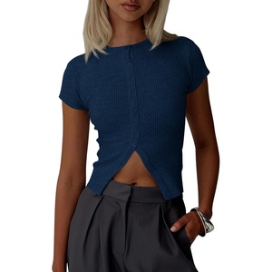 image:imageImily Bela Womens Short Sleeve Y2K Summer Tops Button Down Tshirt Ribbed Knit Slim Fit Sweater Cropped CardiganNavy