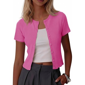 image:imageImily Bela Womens Short Sleeve Y2K Summer Tops Button Down Tshirt Ribbed Knit Slim Fit Sweater Cropped CardiganPink