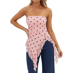 image:imageWomens Strapless Tube Tops Summer Asymmetrical Long Ruched Mesh Shirts Cute Y2k Ruffle Hem Going Out Bandeau TopZ Pink