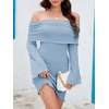 image:imageImily Bela Womens Beach Swimsuit Cover Up  Summer Off The Shoulder Long Bell Sleeve Sheer Mini DressBlue