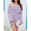 image:imageImily Bela Womens Beach Swimsuit Cover Up  Summer Off The Shoulder Long Bell Sleeve Sheer Mini DressLavender