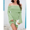 image:imageImily Bela Womens Beach Swimsuit Cover Up  Summer Off The Shoulder Long Bell Sleeve Sheer Mini DressMint Color