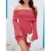 image:imageImily Bela Womens Beach Swimsuit Cover Up  Summer Off The Shoulder Long Bell Sleeve Sheer Mini DressRed