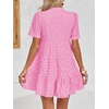 image:imageImily Bela Womens Summer Lace Dresses Eyelet Casual Flowy Babydoll Dress  Swing Short Sleeve V Neck Tunic DressMiniBeachVacationPartyOutdoorBohoLooseRuffle HemShort Puff SleeveBright Pink
