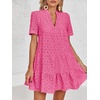 image:imageImily Bela Womens Summer Lace Dresses Eyelet Casual Flowy Babydoll Dress  Swing Short Sleeve V Neck Tunic DressMiniBeachVacationPartyOutdoorBohoLooseRuffle HemShort Puff SleeveRose Red