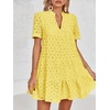 image:imageImily Bela Womens Summer Lace Dresses Eyelet Casual Flowy Babydoll Dress  Swing Short Sleeve V Neck Tunic DressMiniBeachVacationPartyOutdoorBohoLooseRuffle HemShort Puff SleeveLemon Tellow