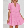 image:imageImily Bela Womens Summer Lace Dresses Eyelet Casual Flowy Babydoll Dress  Swing Short Sleeve V Neck Tunic DressMiniBeachVacationPartyOutdoorBohoLooseRuffle HemShort Puff SleeveBright Pink