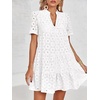 image:imageImily Bela Womens Summer Lace Dresses Eyelet Casual Flowy Babydoll Dress  Swing Short Sleeve V Neck Tunic DressMiniBeachVacationPartyOutdoorBohoLooseRuffle HemShort Puff SleeveWhite