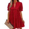 image:imageImily Bela Womens Summer Lace Dresses Eyelet Casual Flowy Babydoll Dress  Swing Short Sleeve V Neck Tunic DressMiniBeachVacationPartyOutdoorBohoLooseRuffle HemShort Puff SleeveScarlet Red